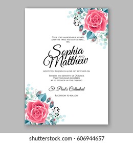 Red Rose Wedding Invitation Card Bridal Bouquet with Coral Roses, Pink Ranunculus, eucalyptus