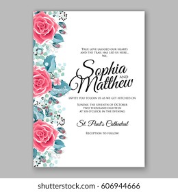 Red Rose Wedding Invitation Card Bridal Bouquet with Coral Roses, Pink Ranunculus, eucalyptus