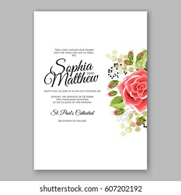 Red Rose Wedding Invitation Card Bridal Bouquet with Coral Roses, Pink Ranunculus, eucalyptus
