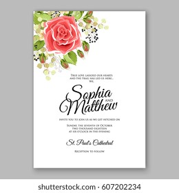 Red Rose Wedding Invitation Card Bridal Bouquet with Coral Roses, Pink Ranunculus, eucalyptus
