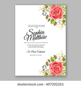 Red Rose Wedding Invitation Card Bridal Bouquet with Coral Roses, Pink Ranunculus, eucalyptus