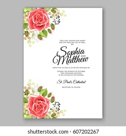 Red Rose Wedding Invitation Card Bridal Bouquet with Coral Roses, Pink Ranunculus, eucalyptus