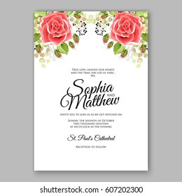 Red Rose Wedding Invitation Card Bridal Bouquet with Coral Roses, Pink Ranunculus, eucalyptus