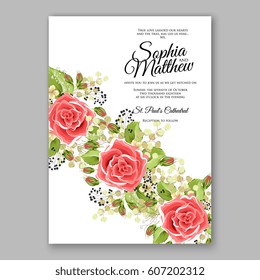 Red Rose Wedding Invitation Card Bridal Bouquet with Coral Roses, Pink Ranunculus, eucalyptus