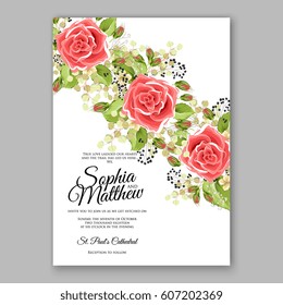 Red Rose Wedding Invitation Card Bridal Bouquet with Coral Roses, Pink Ranunculus, eucalyptus