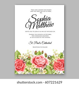 Red Rose Wedding Invitation Card Bridal Bouquet with Coral Roses, Pink Ranunculus, eucalyptus