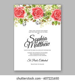 Red Rose Wedding Invitation Card Bridal Bouquet with Coral Roses, Pink Ranunculus, eucalyptus
