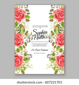 Red Rose Wedding Invitation Card Bridal Bouquet with Coral Roses, Pink Ranunculus, eucalyptus