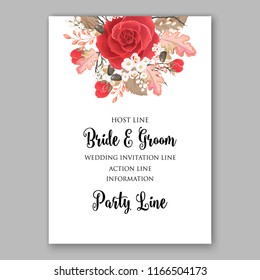 Red Rose wedding invitation Garden rose fall oak leaves autumn floral vector background