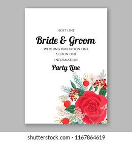 Red Rose Wedding Invitation, invite card Design  watercolor pink, peach rose ranunculus flower privet blue berry,eucalyptus, autumn fall leaf bouquet, frame border Vector floral garden template