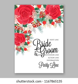 Red Rose Wedding Invitation, invite card Design  watercolor pink, peach rose ranunculus flower privet blue berry,eucalyptus, autumn fall leaf bouquet, frame border Vector floral garden template