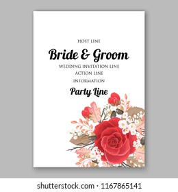 Red Rose Wedding Invitation, invite card Design  watercolor pink, peach rose ranunculus flower privet blue berry,eucalyptus, autumn fall leaf bouquet, frame border Vector floral garden template