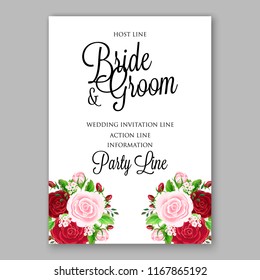 Red Rose Wedding Invitation, invite card Design  watercolor pink, peach rose ranunculus flower privet blue berry,eucalyptus, autumn fall leaf bouquet, frame border Vector floral garden template
