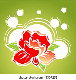 Red rose with white circles on a green background.