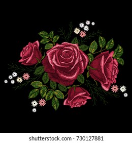 Red rose and white flowers embroidery on black background. Satin stitch imitation, vector.
