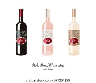 Red, rose and white  wine, sparkling wine, champagne bottle, celebratory drink, birthday drink,  vector illustration.