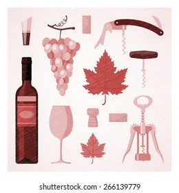 Red and rose wine vintage illustration with wine bottle, glass, vine, corks and corkscrew