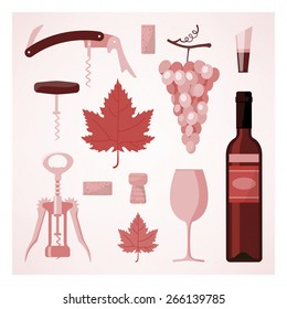 Red and rose wine vintage illustration with wine bottle, glass, vine, corks and corkscrew