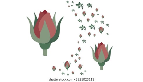 red rosebuds with green pointed sepals isolated on white background arranged in a flowing curved composition