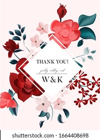 Red roses abstract vector flower graphics. Botanical floral thank you slogan, spring and summer design. Modern typography holiday greeting card.