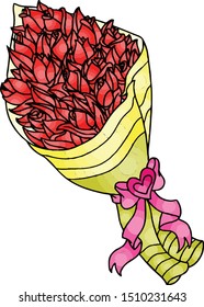 Red roses arranged in a bouquet of yellow, pink bow