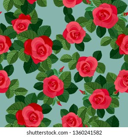Red roses at azure seamless pattern. Abstract flowers and leaves decorative arrangement for repeat background. Vector illustration.
