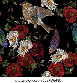 Red roses, birds, colorful feathers and white chamomile flowers seamless pattern. Embroidery style. Fashion spring floral template for clothes, t-shirt design