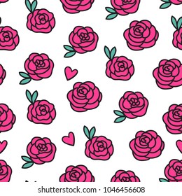 Red roses with a black outline. Seamless pattern. Vector illustration of embroidery hand drawing isolated on white background.