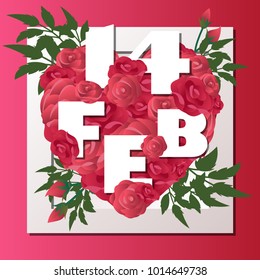 red roses blooming heart shape with frame and 14 FEB text,for greeting card,presentation,vector illustration ,valentine's day