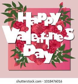 red roses blooming heart shape with frame,happy valentine's day text,for greeting card,presentation,vector illustration