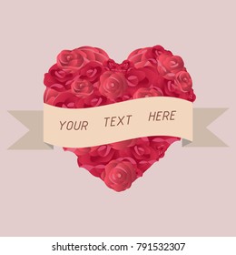 red roses blooming heart shape with scroll banner ribbon for greeting card,background,presentation,vector illustration ,valentine's day