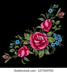 Red roses and blue flowers embroidery on black background. T-shirt design, element for greeting cards. Trend floral design. Satin stitch imitation, vector.