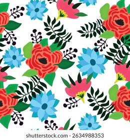 red roses, blue flowers, green branches, pink buds, pollen stalks garden theme summer seamless pattern. Good for tiles, fabric, textile, flowers, decoration and more.