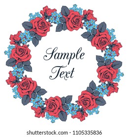 Red roses and blue myosotis wreath on white background. Round frame. Vector illustartion.
