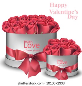 Red roses bouquet boxes Vector realistic illustration