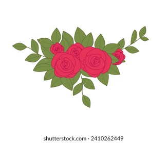 Red roses bouquet decorated with green leaves vector illustration design on white background.