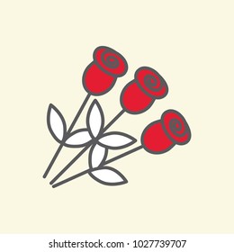 red roses bouquet line flat icon on yellow background