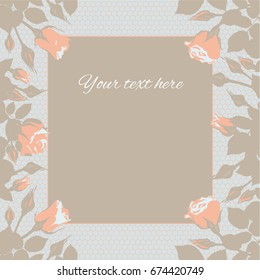 Red roses. Buds. retro. Floral background. Dark leaves. Floral border. card. congratulation. mothers Day. blue