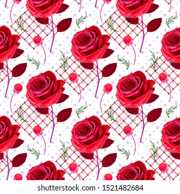 Roses rojas, manzanilla y cuadrado sobre un fondo blanco.