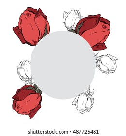 Red roses card with grey window for text. Wedding design. Hand drawn vector illustration.