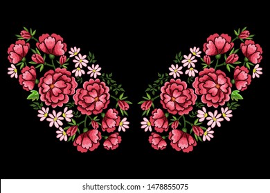 Red roses and chamomile embroidery with leaves and buds. Ethnic flowers neck line, flower design, graphics fashion wearing. Embroidery for t-shirt.