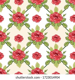 Red Roses with Checks Vector Seamless Pattern