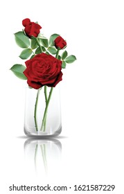 Red roses in a clear glass with reflection on the floor. Vector illustration on white background.