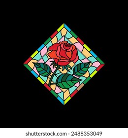 Red Roses colorful stained glass window. Colored gothic mosaic decoration for interior. Vector illustration.