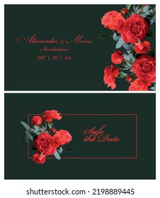 Red roses composition template set. Floral pattern on design in dark (black) background. Good for wedding invitation, card design, etc.
