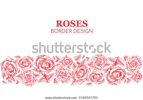 Red Roses Contour Banner or Greeting Card\
Flowers Vector Pattern, Print Background with text. Flowers for\
Valentines Day. Wedding Invitation Horizontal Poster Design with\
Engraved Freehand Drawings
