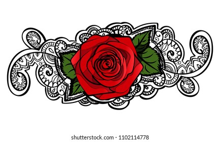 red roses contour line art doodle ornament element design, black and white indian mehndi tatoo elements. isolated on white