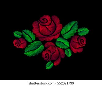赤いバラが手描きの糸繊維イラスト花ベクター画像の背景に装飾刺繍刺繍 のベクター画像素材 ロイヤリティフリー