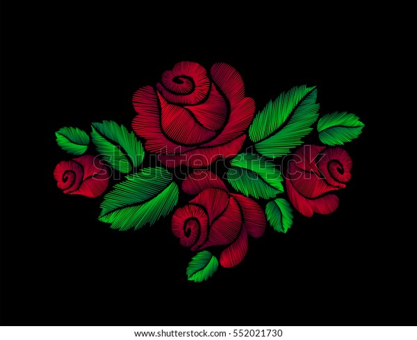 赤いバラが手描きの糸繊維イラスト花ベクター画像の背景に装飾刺繍刺繍 のベクター画像素材 ロイヤリティフリー