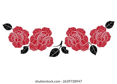 Red roses, design in vintage retro style, isolated on white, vector illustration